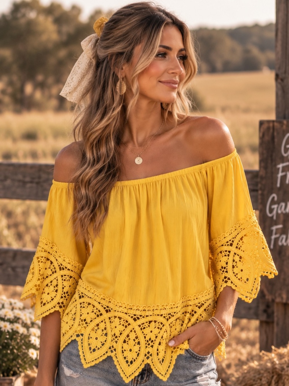 Papaya Mustard Yellow Crochet Lace Peasant Blouse Boho Western Top S